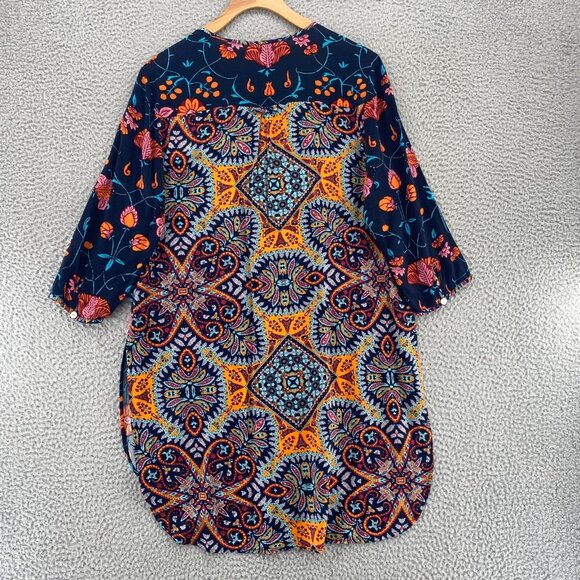 Fig & Flower Top Womens Small Navy Multi Floral 3/4 Sleeve Tunic 1/4 Button Up - Picture 3 of 10